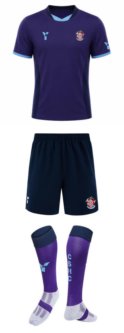Primary kit - purple shirts, navy shorts, purple socks